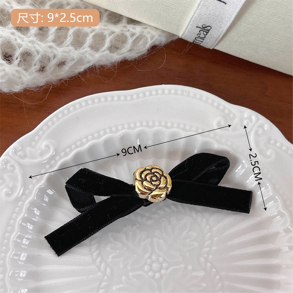 High-Grade Pearl Diamond Bow Barrettes New Girl Bang Side Clip Black Velvet Duckbill Clip Headdress uucool collection shop