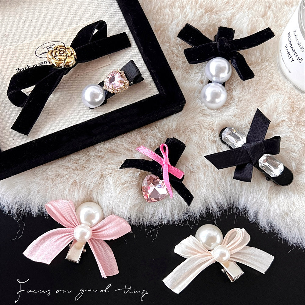 High-Grade Pearl Diamond Bow Barrettes New Girl Bang Side Clip Black Velvet Duckbill Clip Headdress uucool collection shop
