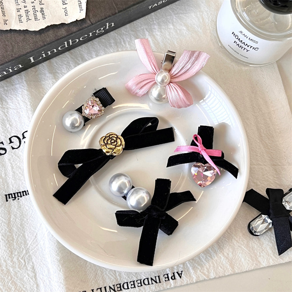 High-Grade Pearl Diamond Bow Barrettes New Girl Bang Side Clip Black Velvet Duckbill Clip Headdress uucool collection shop