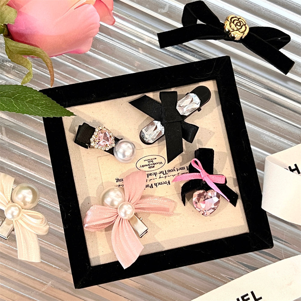 High-Grade Pearl Diamond Bow Barrettes New Girl Bang Side Clip Black Velvet Duckbill Clip Headdress uucool collection shop