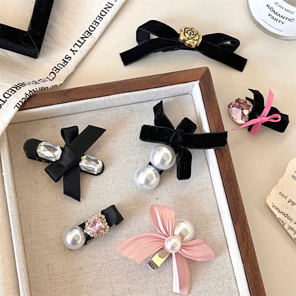 High-Grade Pearl Diamond Bow Barrettes New Girl Bang Side Clip Black Velvet Duckbill Clip Headdress uucool collection shop