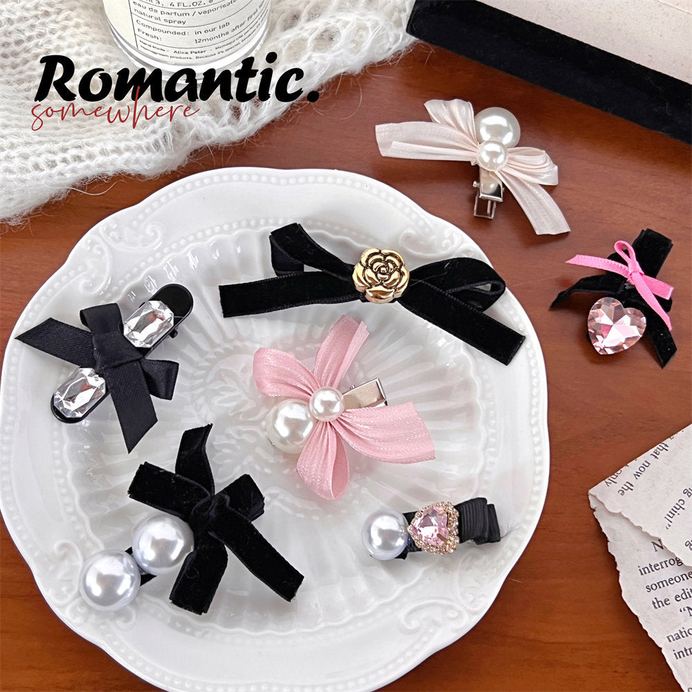 High-Grade Pearl Diamond Bow Barrettes New Girl Bang Side Clip Black Velvet Duckbill Clip Headdress uucool collection shop