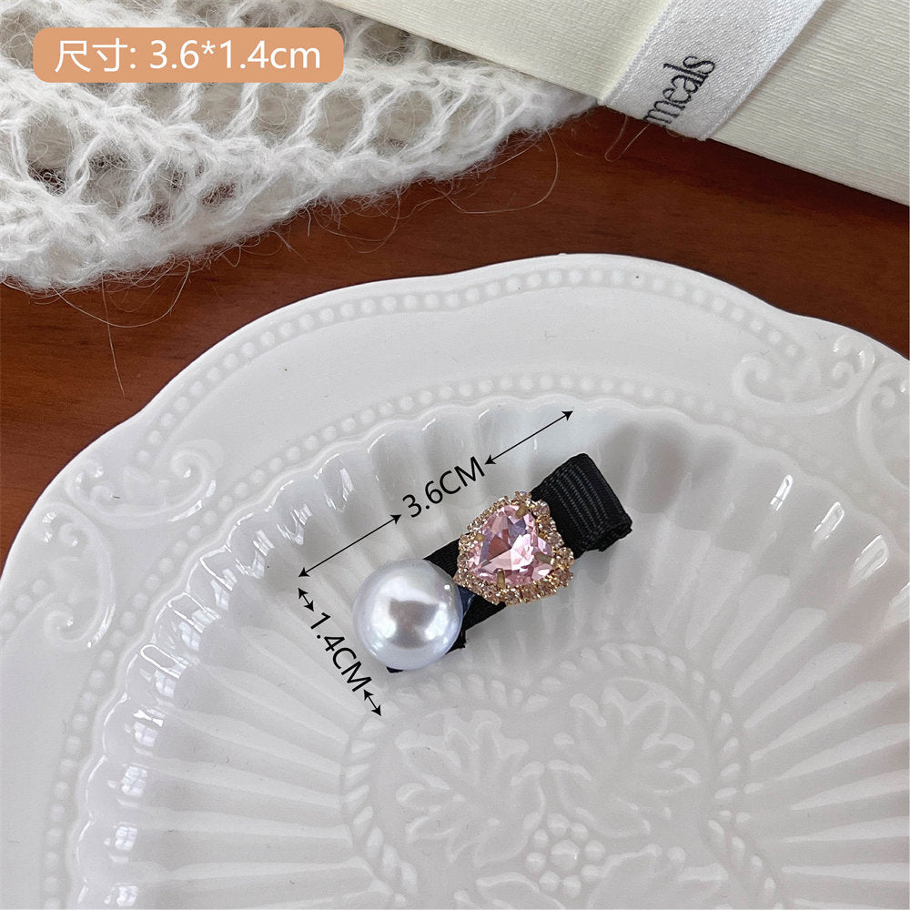 High-Grade Pearl Diamond Bow Barrettes New Girl Bang Side Clip Black Velvet Duckbill Clip Headdress uucool collection shop