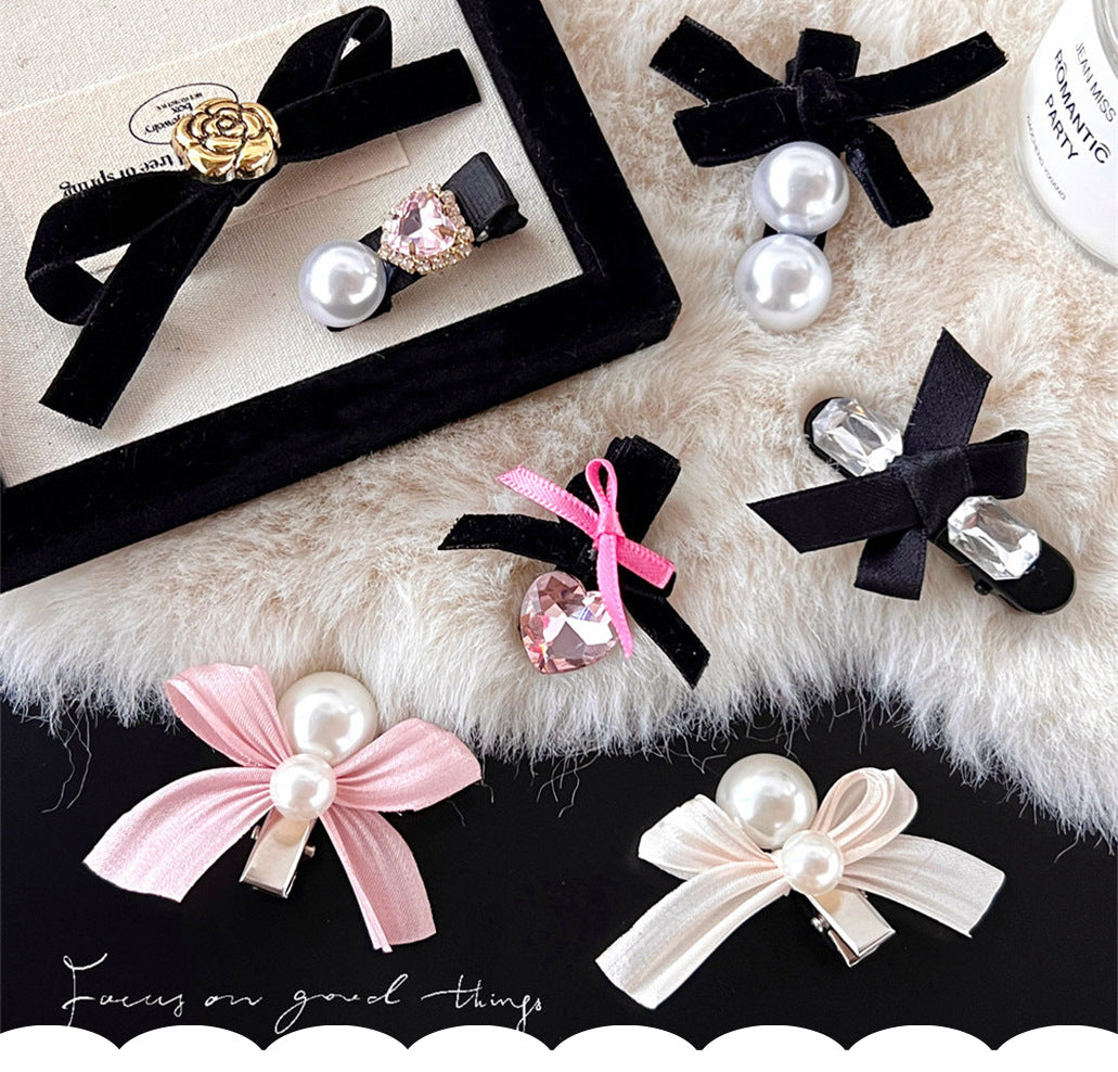 High-Grade Pearl Diamond Bow Barrettes New Girl Bang Side Clip Black Velvet Duckbill Clip Headdress uucool collection shop